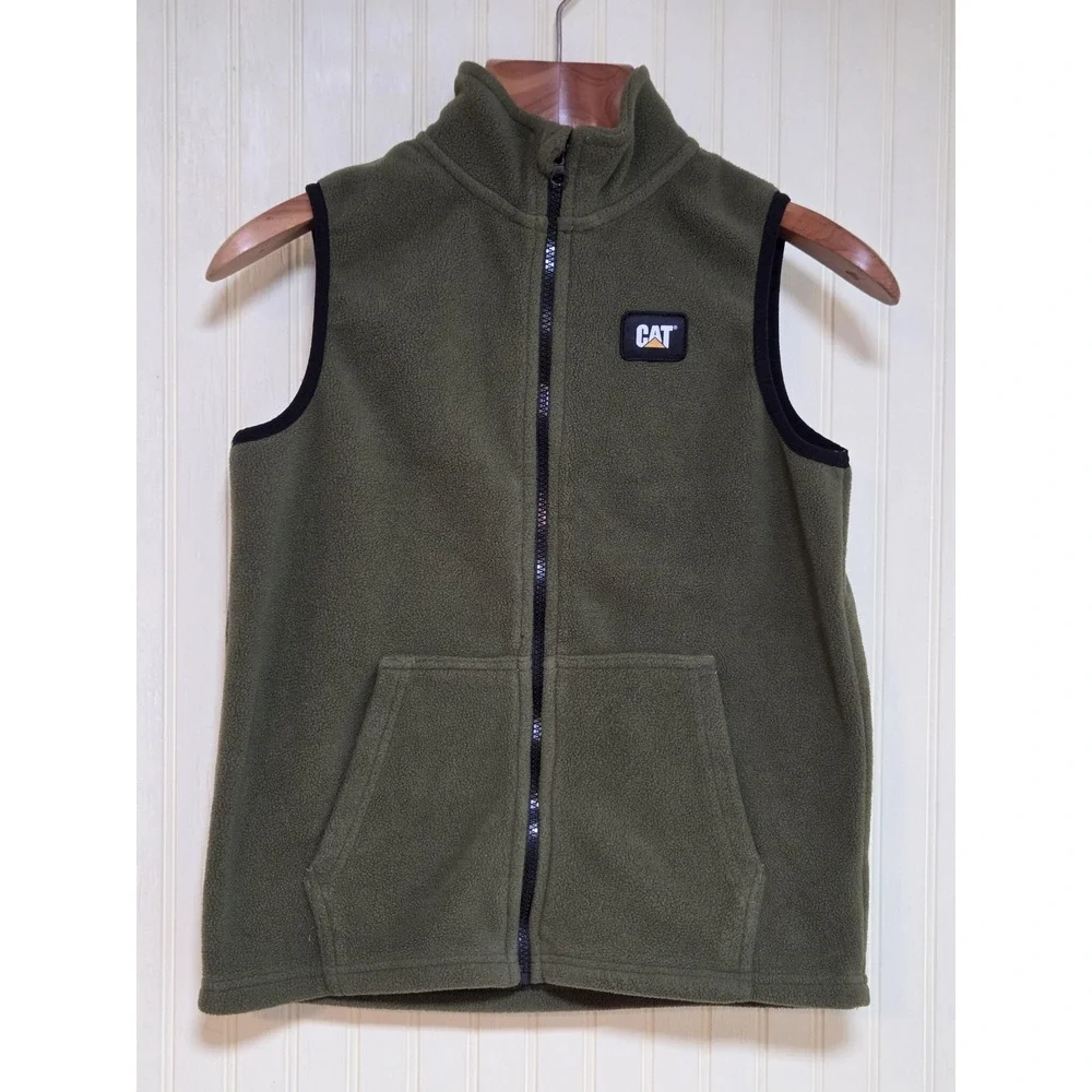 CAT Caterpillar Vest Youth Medium 10/12 Green Fleece Full Zip‎ Workwear Outdoor